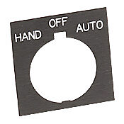 HT8SP51 - Eaton legend plate, plastic, square, black field, black background, white engraved text, legend plate marking "HAND OFF AUTO". For use with 30mm pilot devices.