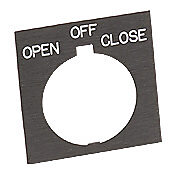 HT8SP53 - Eaton legend plate, plastic, square, black field, black background, white engraved text, legend plate marking "OPEN OFF CLOSE". For use with 30mm pilot devices.