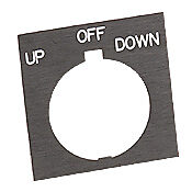 HT8SP54 - Eaton legend plate, plastic, square, black field, black background, white engraved text, legend plate marking "UP OFF DOWN". For use with 30mm pilot devices.