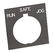 HT8SP70 - Eaton legend plate, plastic, square, black field, black background, white engraved text, legend plate marking "RUN SAFE JOG". For use with 30mm pilot devices.