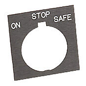 HT8SP71 - Eaton legend plate, plastic, square, black field, black background, white engraved text, legend plate marking "ON STOP SAFE". For use with 30mm pilot devices.