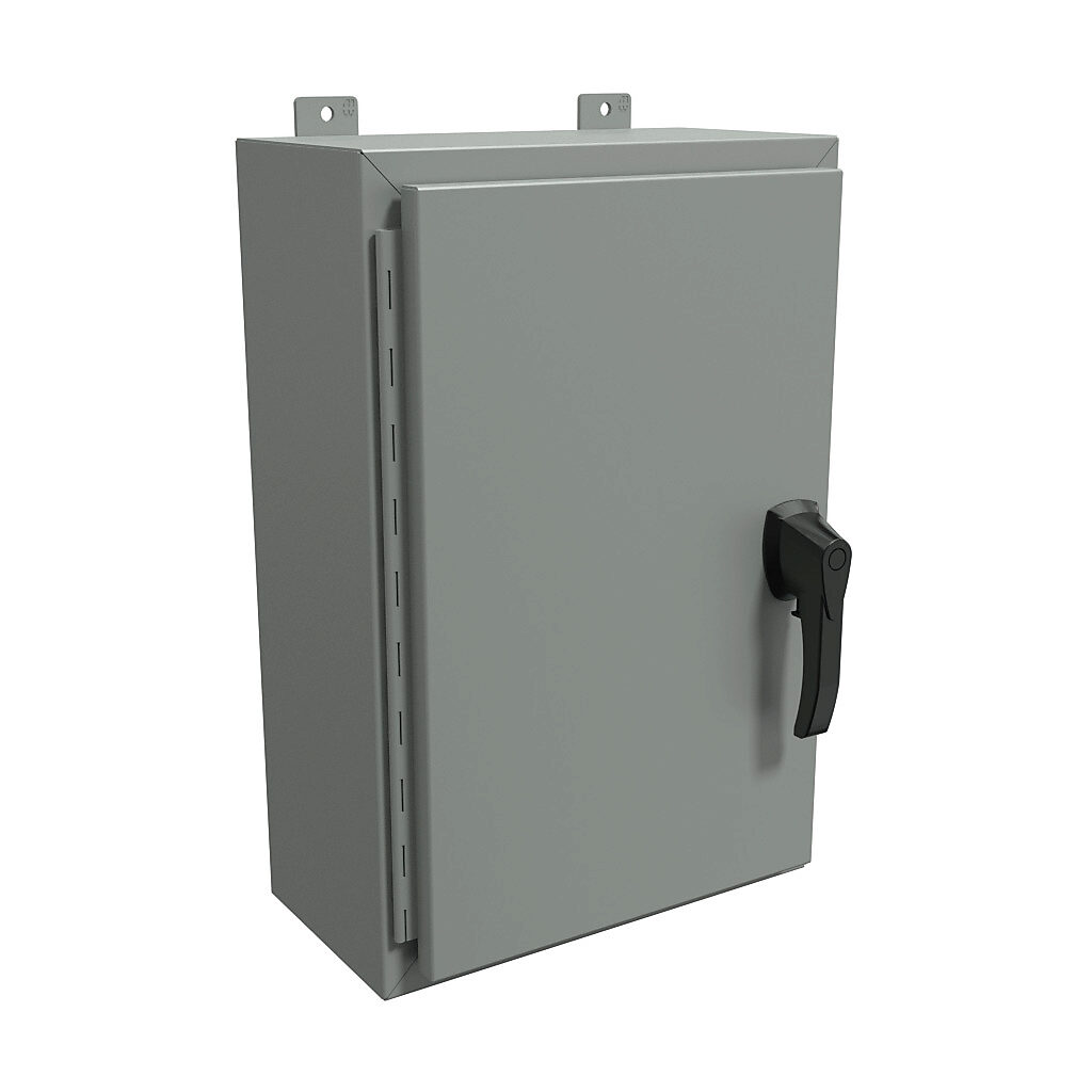 HW24168GYHK - Hammond enclosure, NEMA 3R/4/12, 24 x 16 x 8in (HxWxD), wall mount, carbon steel, ANSI 61 gray, powder coat finish, single-door, 3-point padlocking handle, handle hasp.