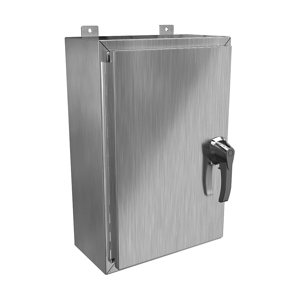 HW24168S16HK - Hammond enclosure, NEMA 3R/4/4X/12/13, 24 x 16 x 8in (HxWxD), wall mount, 316 stainless steel, #4 brush finish, single-door, 3-point 316 stainless steel padlocking handle, handle hasp.