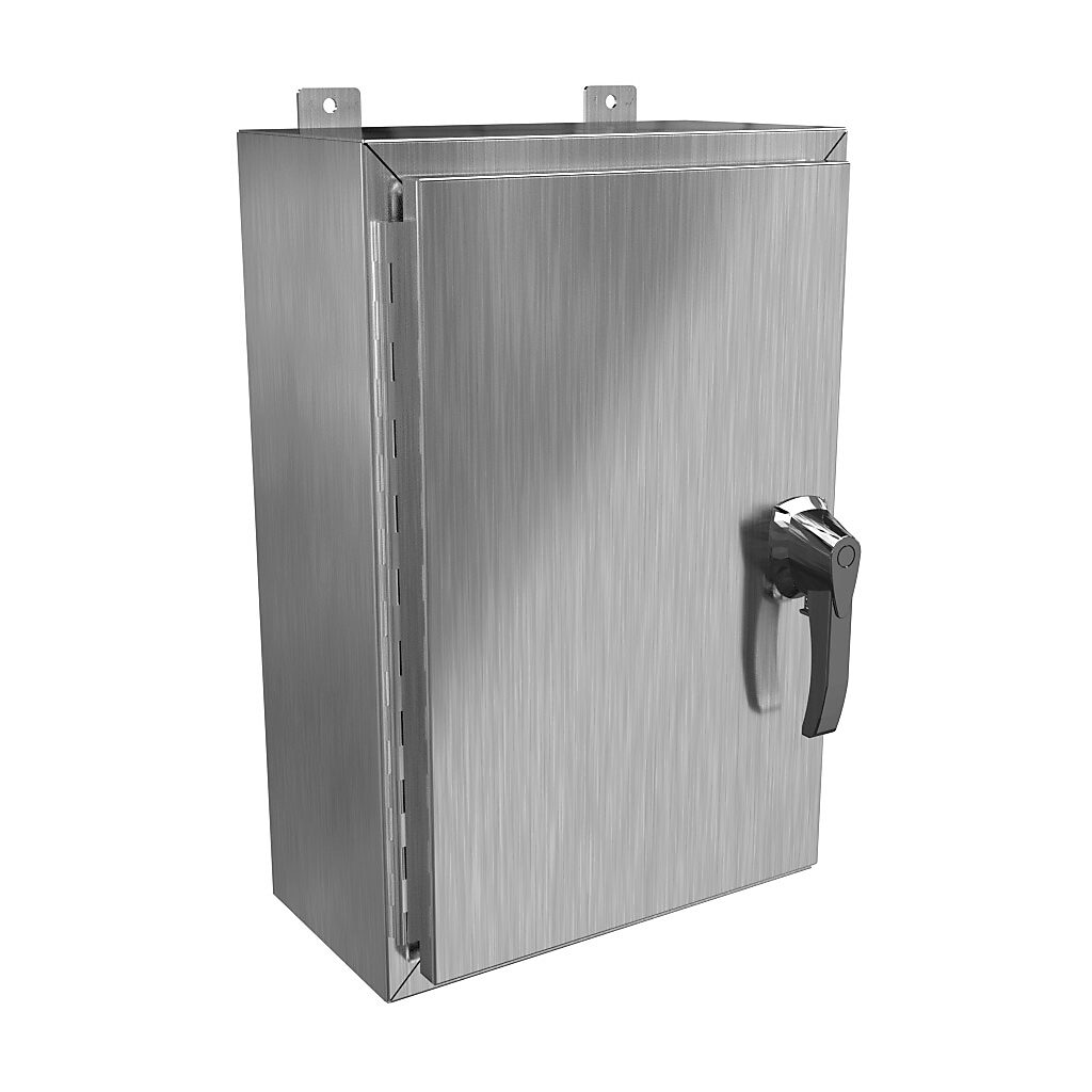 HW24168SSHK - Hammond enclosure, NEMA 3R/4/4X/12/13, 24 x 16 x 8in (HxWxD), wall mount, 304 stainless steel, #4 brush finish, single-door, 3-point 316 stainless steel padlocking handle, handle hasp.