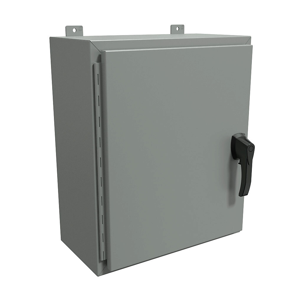 HW242010GYHK - Hammond enclosure, NEMA 3R/4/12, 24 x 20 x 10in (HxWxD), wall mount, carbon steel, ANSI 61 gray, powder coat finish, single-door, 3-point padlocking handle, handle hasp.