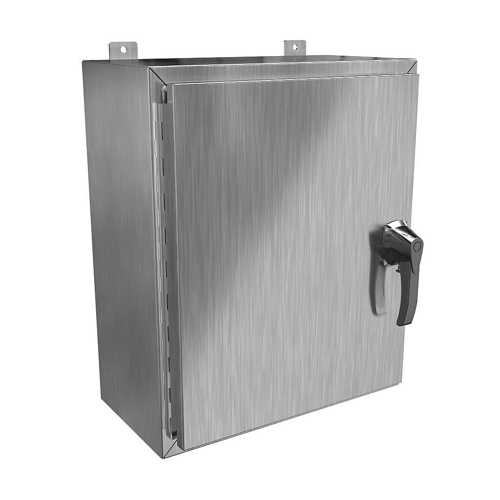 HW242010SSHK - Hammond enclosure, NEMA 3R/4/4X/12/13, 24 x 20 x 10in (HxWxD), wall mount, 304 stainless steel, #4 brush finish, single-door, 3-point 316 stainless steel padlocking handle, handle hasp.