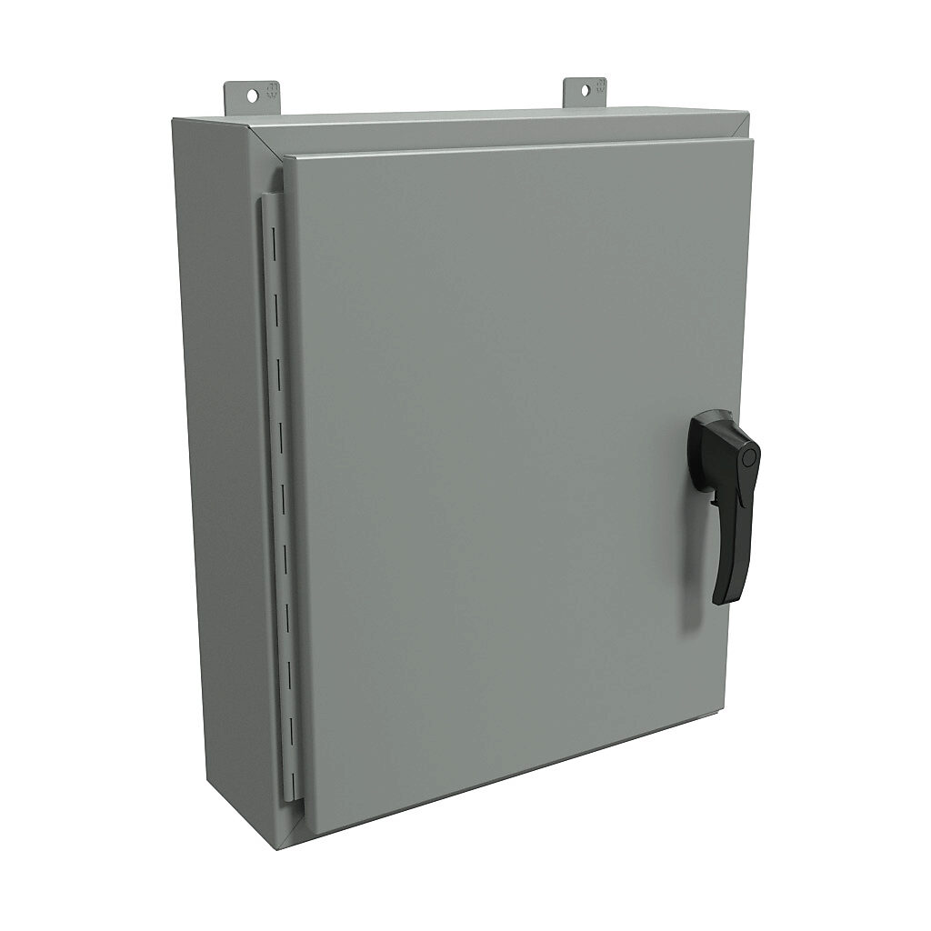 HW24206GYHK - Hammond enclosure, NEMA 3R/4/12, 24 x 20 x 6in (HxWxD), wall mount, carbon steel, ANSI 61 gray, powder coat finish, single-door, 3-point padlocking handle, handle hasp.