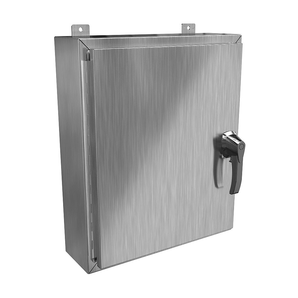 HW24206S16HK - Hammond enclosure, NEMA 3R/4/4X/12/13, 24 x 20 x 6in (HxWxD), wall mount, 316 stainless steel, #4 brush finish, single-door, 3-point 316 stainless steel padlocking handle, handle hasp.