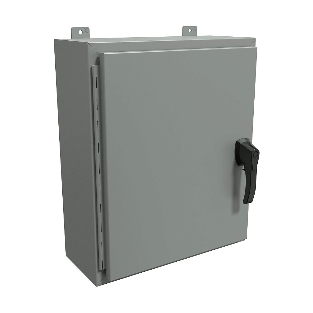 HW24208GYHK - Hammond enclosure, NEMA 3R/4/12, 24 x 20 x 8in (HxWxD), wall mount, carbon steel, ANSI 61 gray, powder coat finish, single-door, 3-point padlocking handle, handle hasp.
