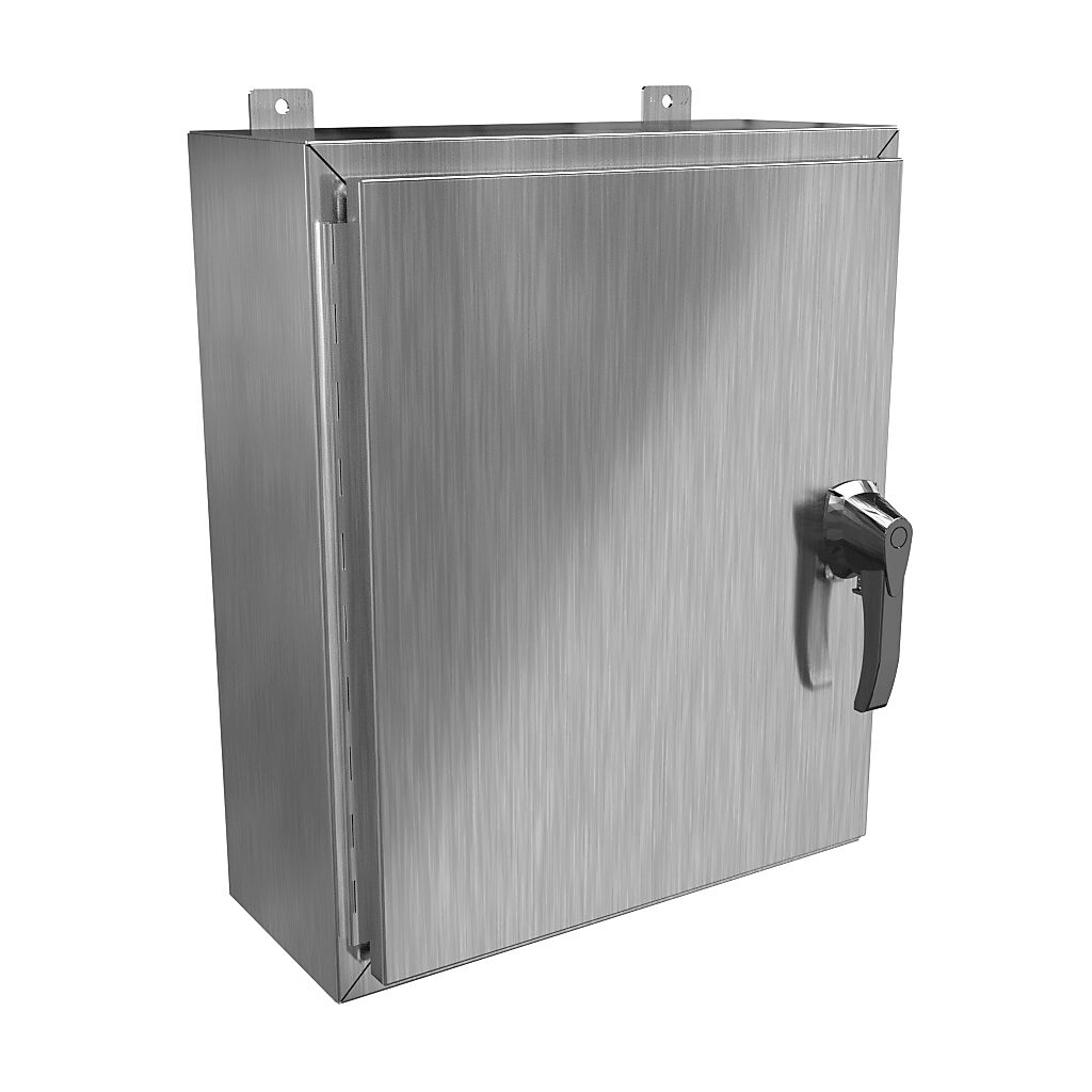 HW24208S16HK - Hammond enclosure, NEMA 3R/4/4X/12/13, 24 x 20 x 8in (HxWxD), wall mount, 316 stainless steel, #4 brush finish, single-door, 3-point 316 stainless steel padlocking handle, handle hasp.