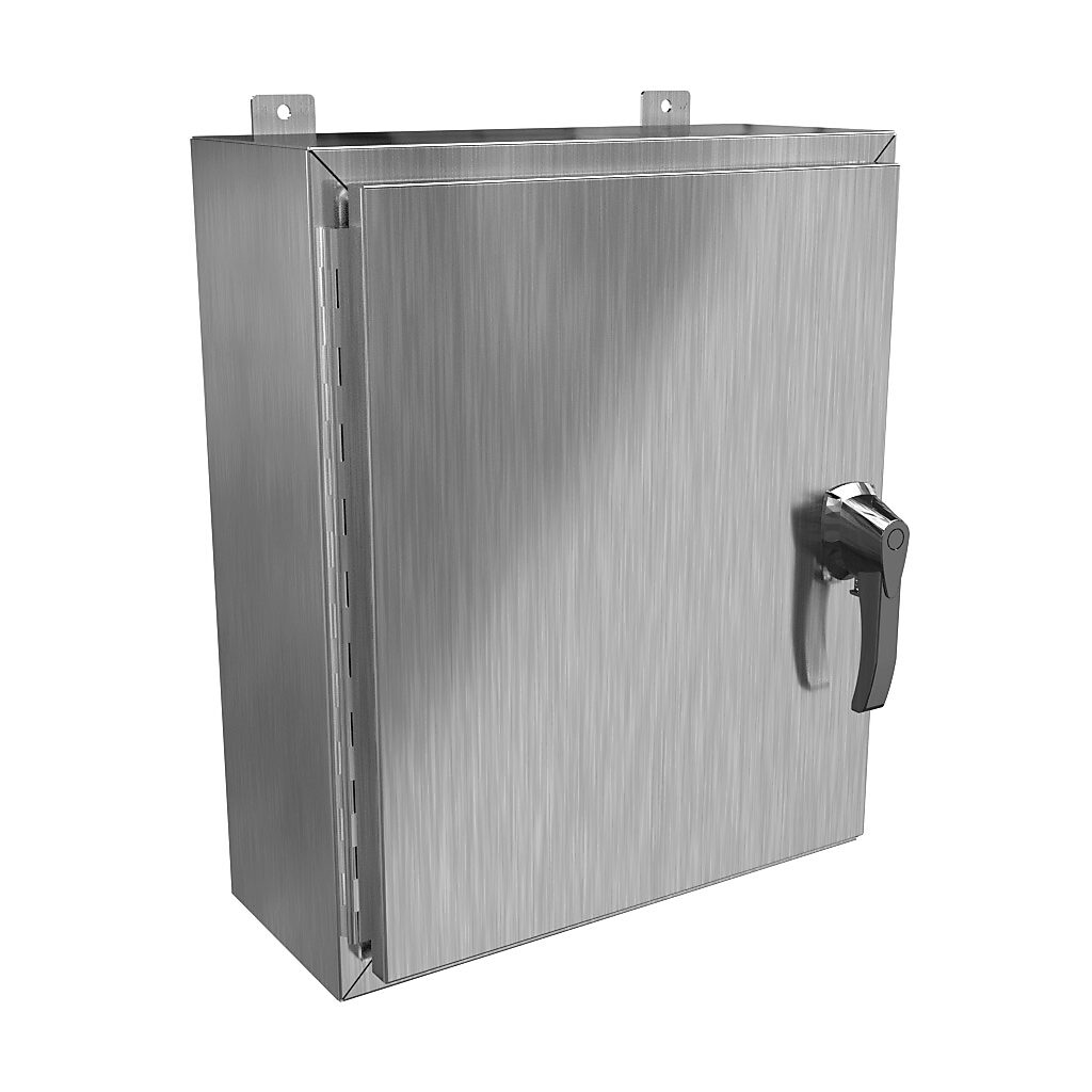 HW24208SSHK - Hammond enclosure, NEMA 3R/4/4X/12/13, 24 x 20 x 8in (HxWxD), wall mount, 304 stainless steel, #4 brush finish, single-door, 3-point 316 stainless steel padlocking handle, handle hasp.