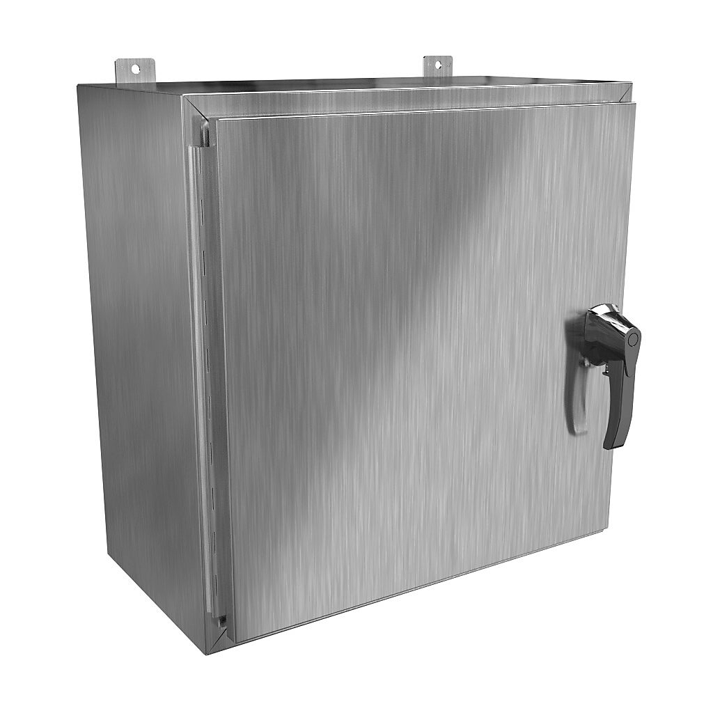 HW242412S16HK - Hammond enclosure, NEMA 3R/4/4X/12/13, 24 x 24 x 12in (HxWxD), wall mount, 316 stainless steel, #4 brush finish, single-door, 3-point 316 stainless steel padlocking handle, handle hasp.