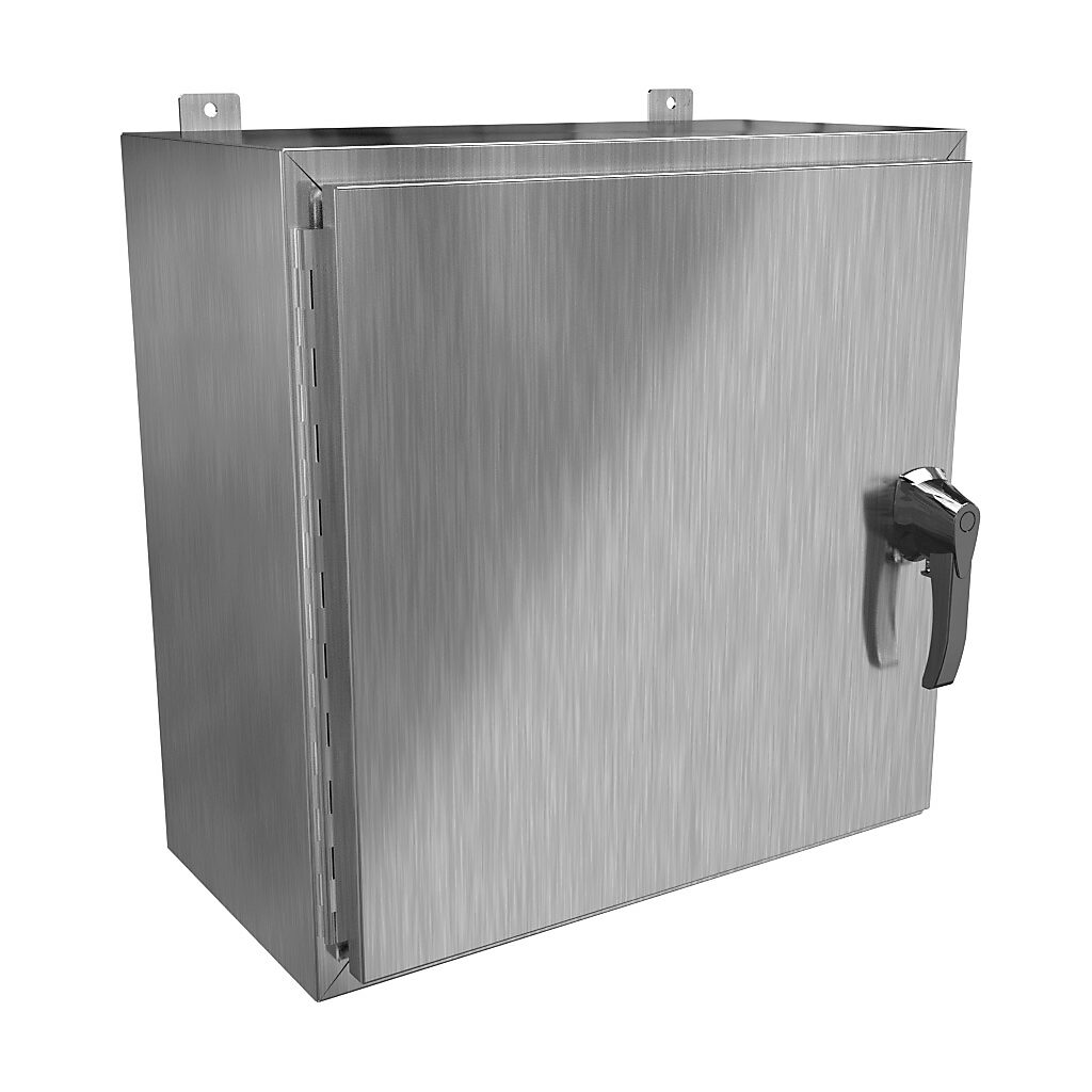 HW242412SSHK - Hammond enclosure, NEMA 3R/4/4X/12/13, 24 x 24 x 12in (HxWxD), wall mount, 304 stainless steel, #4 brush finish, single-door, 3-point 316 stainless steel padlocking handle, handle hasp.