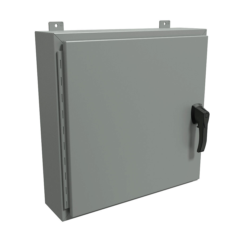 HW24246GYHK - Hammond enclosure, NEMA 3R/4/12, 24 x 24 x 6in (HxWxD), wall mount, carbon steel, ANSI 61 gray, powder coat finish, single-door, 3-point padlocking handle, handle hasp.