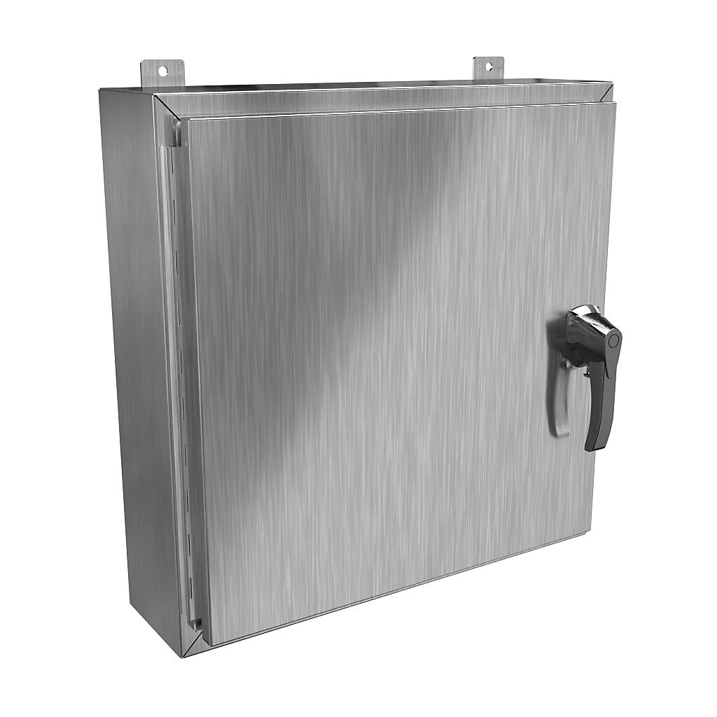 HW24246S16HK - Hammond enclosure, NEMA 3R/4/4X/12/13, 24 x 24 x 6in (HxWxD), wall mount, 316 stainless steel, #4 brush finish, single-door, 3-point 316 stainless steel padlocking handle, handle hasp.