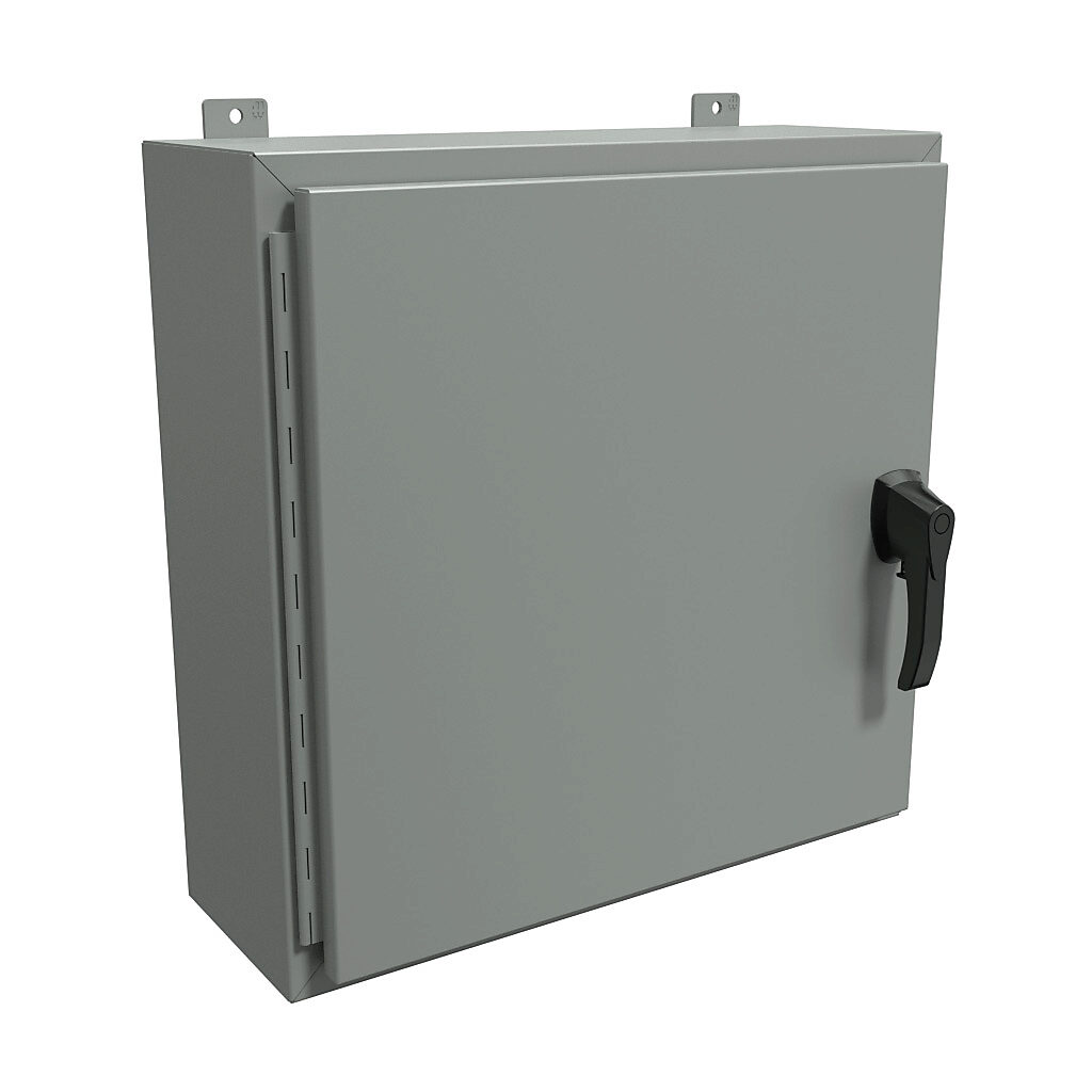 HW24248GYHK - Hammond enclosure, NEMA 3R/4/12, 24 x 24 x 8in (HxWxD), wall mount, carbon steel, ANSI 61 gray, powder coat finish, single-door, 3-point padlocking handle, handle hasp.