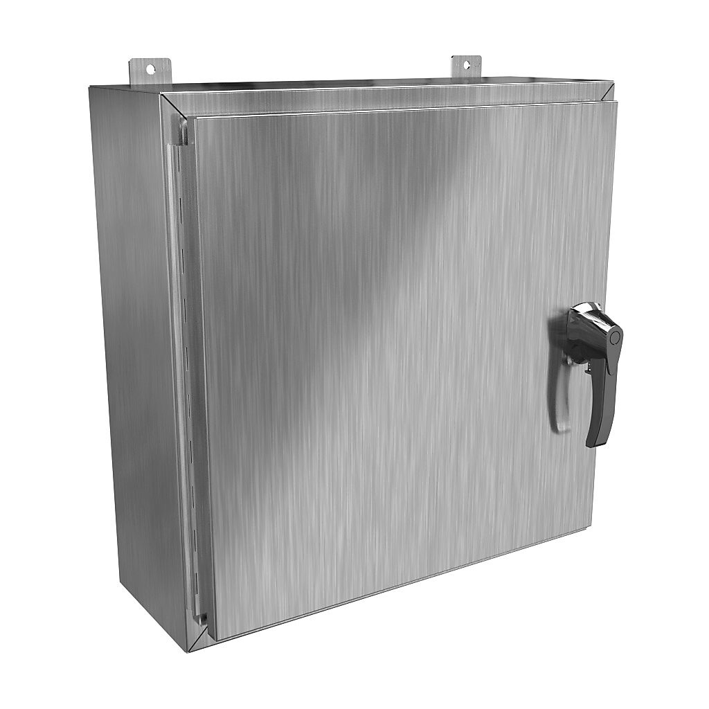 HW24248S16HK - Hammond enclosure, NEMA 3R/4/4X/12/13, 24 x 24 x 8in (HxWxD), wall mount, 316 stainless steel, #4 brush finish, single-door, 3-point 316 stainless steel padlocking handle, handle hasp.