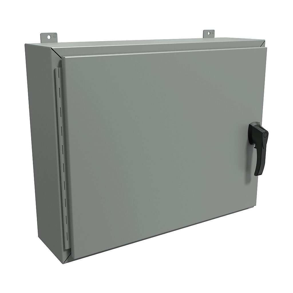 HW24308GYHK - Hammond enclosure, NEMA 3R/4/12, 24 x 30 x 8in (HxWxD), wall mount, carbon steel, ANSI 61 gray, powder coat finish, single-door, 3-point padlocking handle, handle hasp.