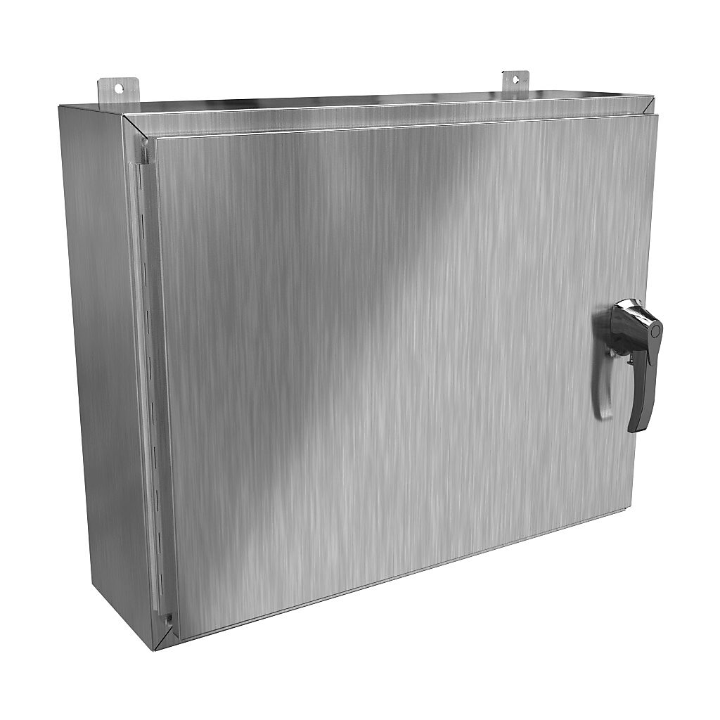 HW24308S16HK - Hammond enclosure, NEMA 3R/4/4X/12/13, 24 x 30 x 8in (HxWxD), wall mount, 316 stainless steel, #4 brush finish, single-door, 3-point 316 stainless steel padlocking handle, handle hasp.