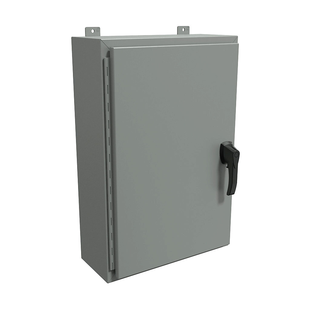 HW30208GYHK - Hammond enclosure, NEMA 3R/4/12, 30 x 20 x 8in (HxWxD), wall mount, carbon steel, ANSI 61 gray, powder coat finish, single-door, 3-point padlocking handle, handle hasp.