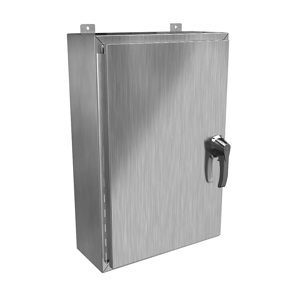 HW30208S16HK - Hammond enclosure, NEMA 3R/4/4X/12/13, 30 x 20 x 8in (HxWxD), wall mount, 316 stainless steel, #4 brush finish, single-door, 3-point 316 stainless steel padlocking handle, handle hasp.