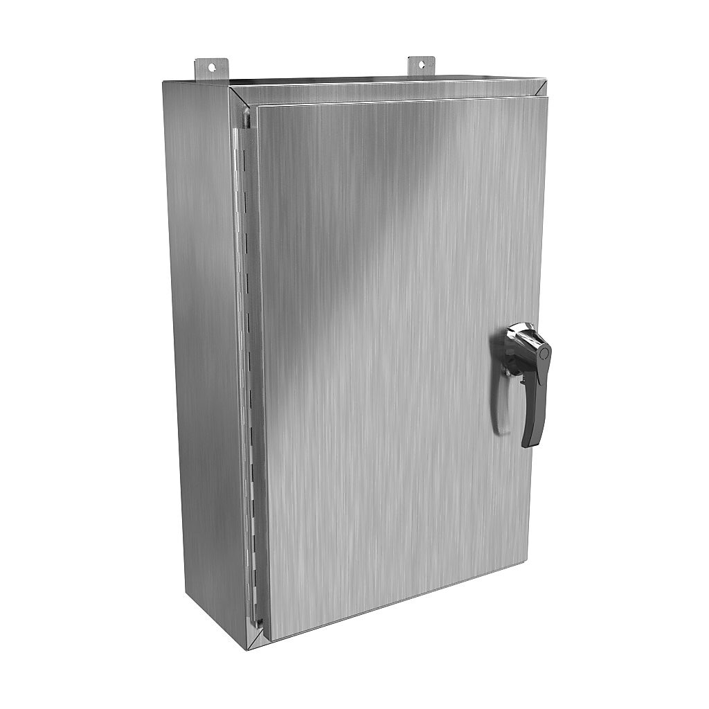 HW30208SSHK - Hammond enclosure, NEMA 3R/4/4X/12/13, 30 x 20 x 8in (HxWxD), wall mount, 304 stainless steel, #4 brush finish, single-door, 3-point 316 stainless steel padlocking handle, handle hasp.
