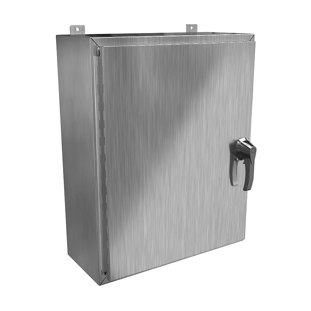 HW302410S16HK - Hammond enclosure, NEMA 3R/4/4X/12/13, 30 x 24 x 10in (HxWxD), wall mount, 316 stainless steel, #4 brush finish, single-door, 3-point 316 stainless steel padlocking handle, handle hasp.
