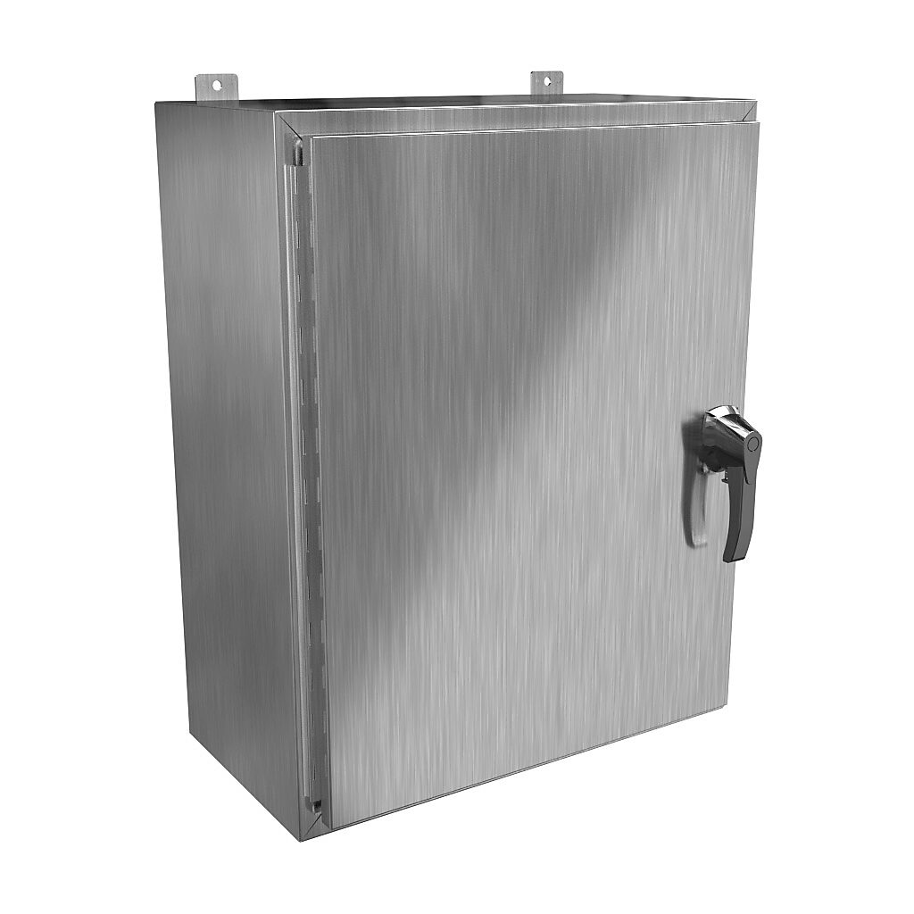 HW302412S16HK - Hammond enclosure, NEMA 3R/4/4X/12/13, 30 x 24 x 12in (HxWxD), wall mount, 316 stainless steel, #4 brush finish, single-door, 3-point 316 stainless steel padlocking handle, handle hasp.