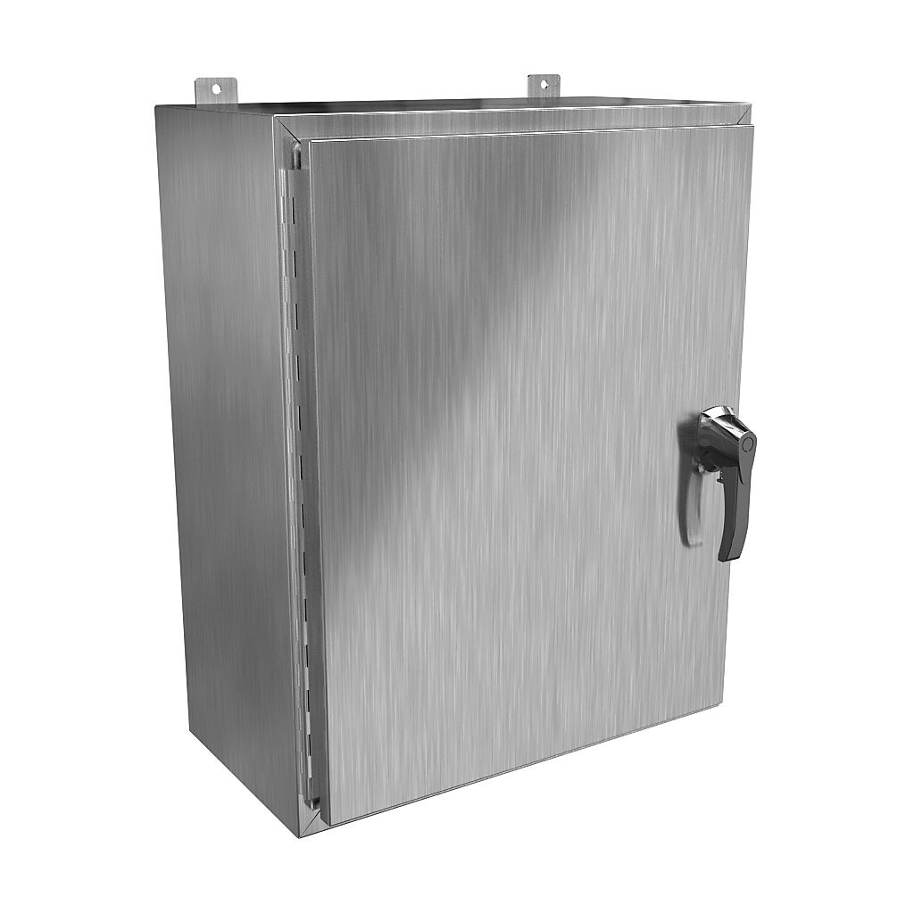 HW302412SSHK - Hammond enclosure, NEMA 3R/4/4X/12/13, 30 x 24 x 12in (HxWxD), wall mount, 304 stainless steel, #4 brush finish, single-door, 3-point 316 stainless steel padlocking handle, handle hasp.
