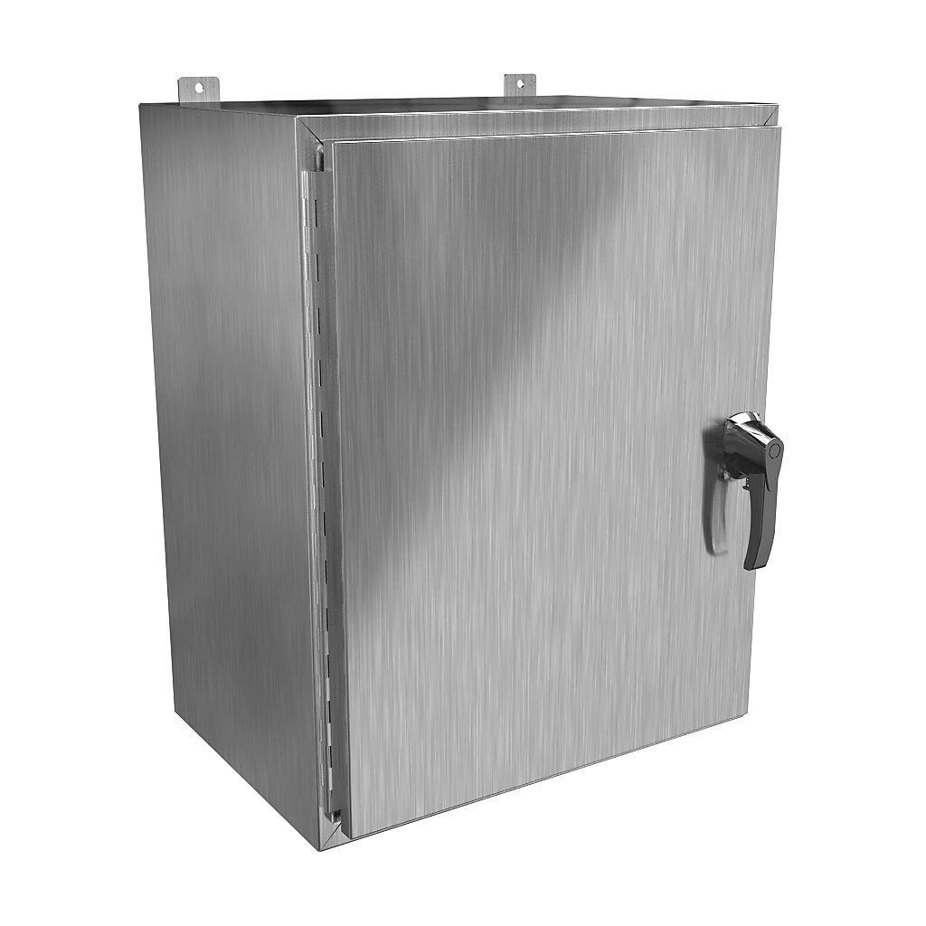HW302416SSHK - Hammond enclosure, NEMA 3R/4/4X/12/13, 30 x 24 x 16in (HxWxD), wall mount, 304 stainless steel, #4 brush finish, single-door, 3-point 316 stainless steel padlocking handle, handle hasp.