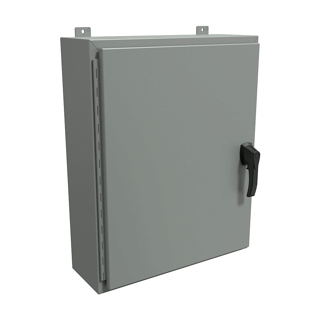 HW30248GYHK - Hammond enclosure, NEMA 3R/4/12, 30 x 24 x 8in (HxWxD), wall mount, carbon steel, ANSI 61 gray, powder coat finish, single-door, 3-point padlocking handle, handle hasp.