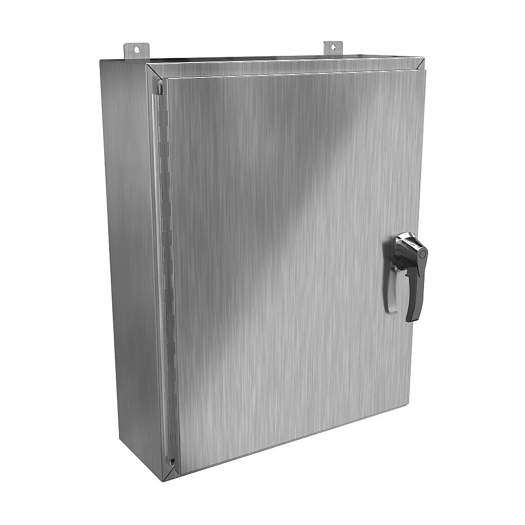 HW30248S16HK - Hammond enclosure, NEMA 3R/4/4X/12/13, 30 x 24 x 8in (HxWxD), wall mount, 316 stainless steel, #4 brush finish, single-door, 3-point 316 stainless steel padlocking handle, handle hasp.