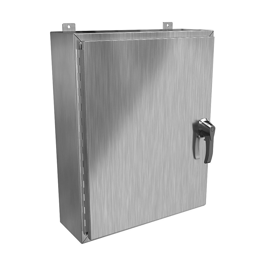 HW30248SSHK - Hammond enclosure, NEMA 3R/4/4X/12/13, 30 x 24 x 8in (HxWxD), wall mount, 304 stainless steel, #4 brush finish, single-door, 3-point 316 stainless steel padlocking handle, handle hasp.