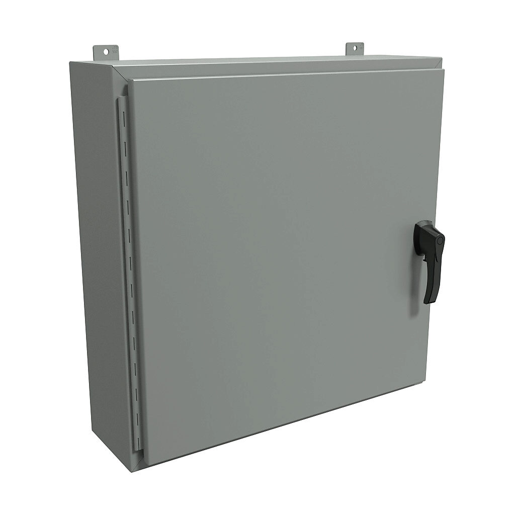 HW30308GYHK - Hammond enclosure, NEMA 3R/4/12, 30 x 30 x 8in (HxWxD), wall mount, carbon steel, ANSI 61 gray, powder coat finish, single-door, 3-point padlocking handle, handle hasp.