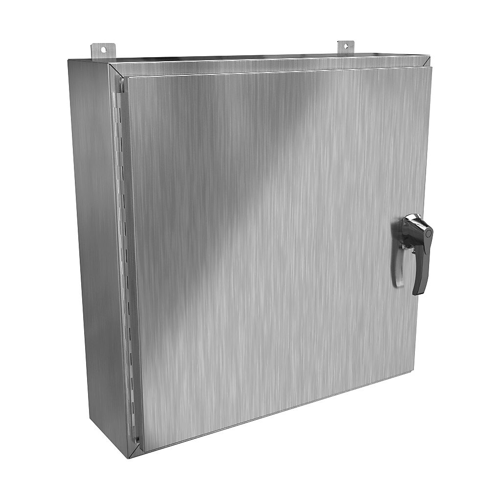HW30308SSHK - Hammond enclosure, NEMA 3R/4/4X/12/13, 30 x 30 x 8in (HxWxD), wall mount, 304 stainless steel, #4 brush finish, single-door, 3-point 316 stainless steel padlocking handle, handle hasp.
