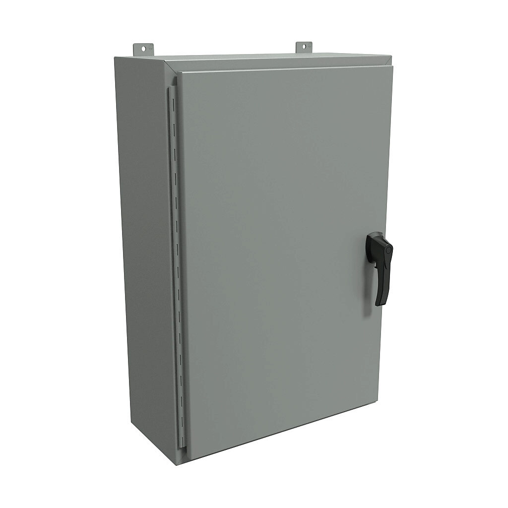 HW362410GYHK - Hammond enclosure, NEMA 3R/4/12, 36 x 24 x 10in (HxWxD), wall mount, carbon steel, ANSI 61 gray, powder coat finish, single-door, 3-point padlocking handle, handle hasp.
