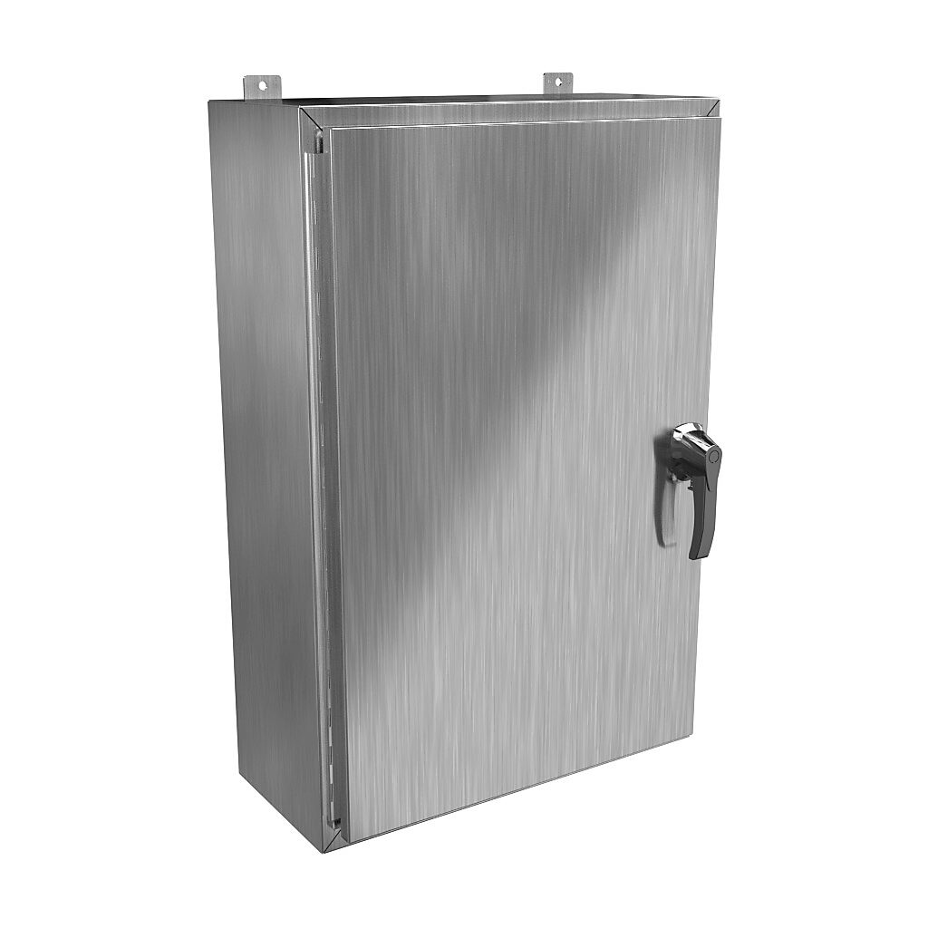 HW362410S16HK - Hammond enclosure, NEMA 3R/4/4X/12/13, 36 x 24 x 10in (HxWxD), wall mount, 316 stainless steel, #4 brush finish, single-door, 3-point 316 stainless steel padlocking handle, handle hasp.