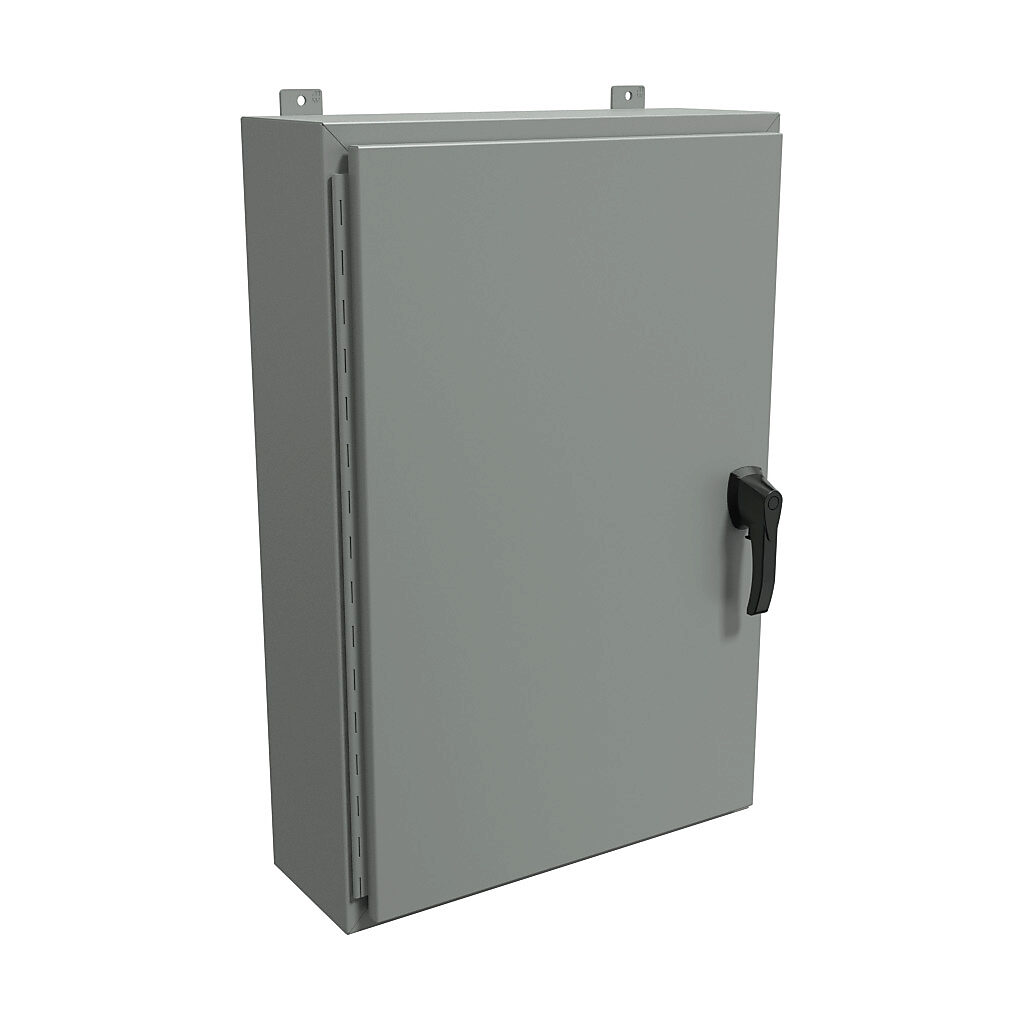 HW36248GYHK - Hammond enclosure, NEMA 3R/4/12, 36 x 24 x 8in (HxWxD), wall mount, carbon steel, ANSI 61 gray, powder coat finish, single-door, 3-point padlocking handle, handle hasp.