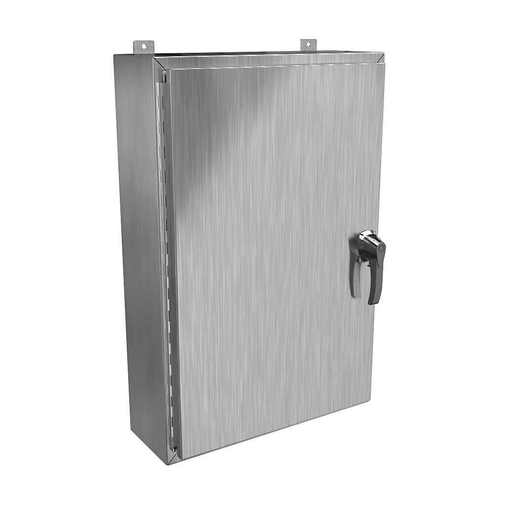 HW36248SSHK - Hammond enclosure, NEMA 3R/4/4X/12/13, 36 x 24 x 8in (HxWxD), wall mount, 304 stainless steel, #4 brush finish, single-door, 3-point 316 stainless steel padlocking handle, handle hasp.