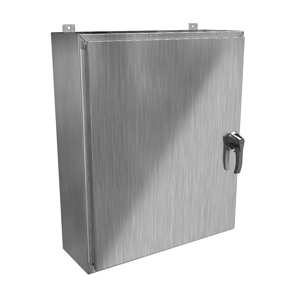 HW363010S16HK - Hammond enclosure, NEMA 3R/4/4X/12/13, 36 x 30 x 10in (HxWxD), wall mount, 316 stainless steel, #4 brush finish, single-door, 3-point 316 stainless steel padlocking handle, handle hasp.
