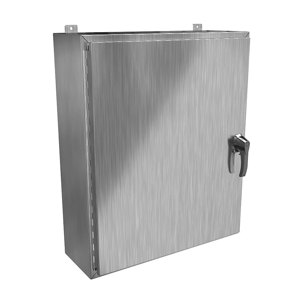 HW363010SSHK - Hammond enclosure, NEMA 3R/4/4X/12/13, 36 x 30 x 10in (HxWxD), wall mount, 304 stainless steel, #4 brush finish, single-door, 3-point 316 stainless steel padlocking handle, handle hasp.