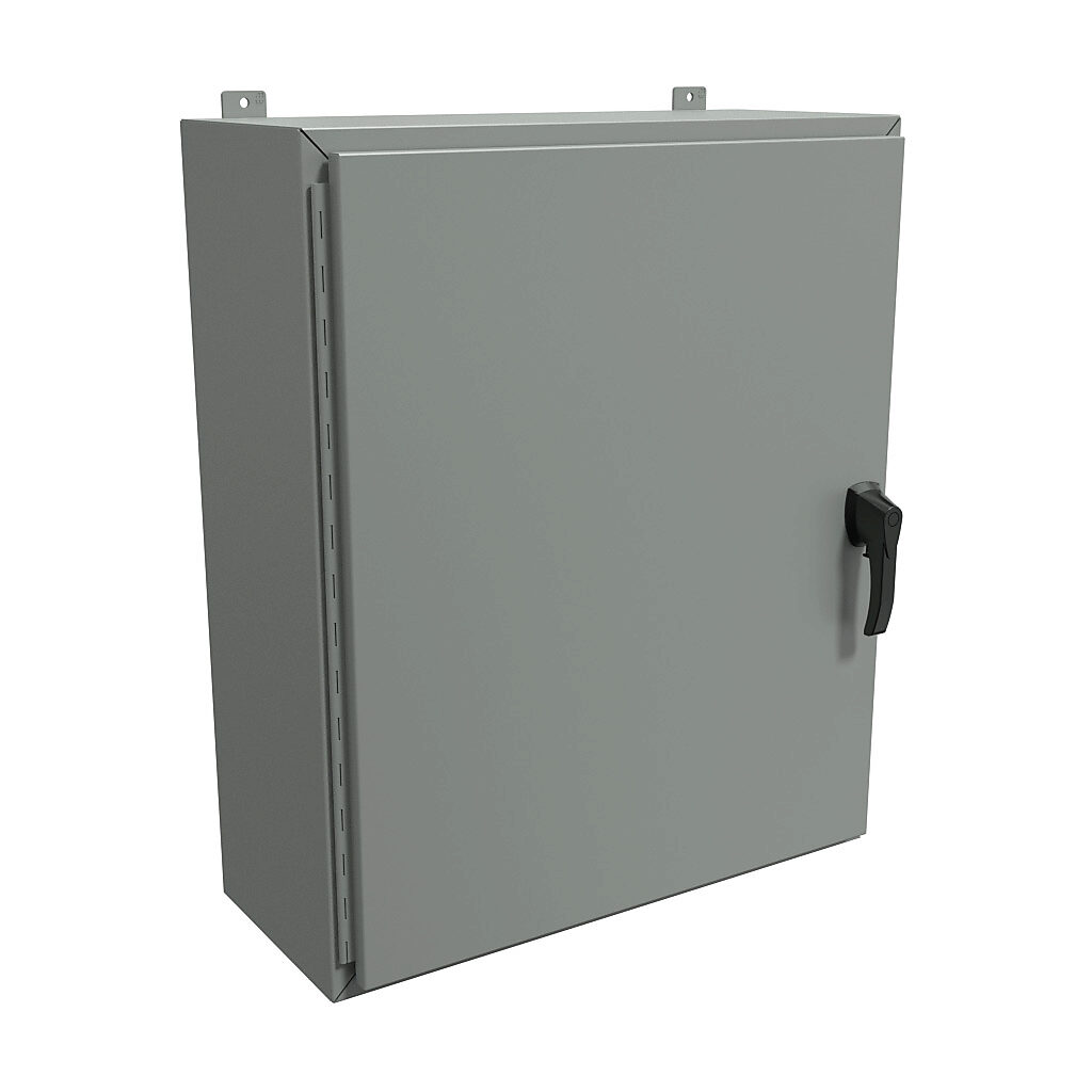 HW363012GYHK - Hammond enclosure, NEMA 3R/4/12, 36 x 30 x 12in (HxWxD), wall mount, carbon steel, ANSI 61 gray, powder coat finish, single-door, 3-point padlocking handle, handle hasp.