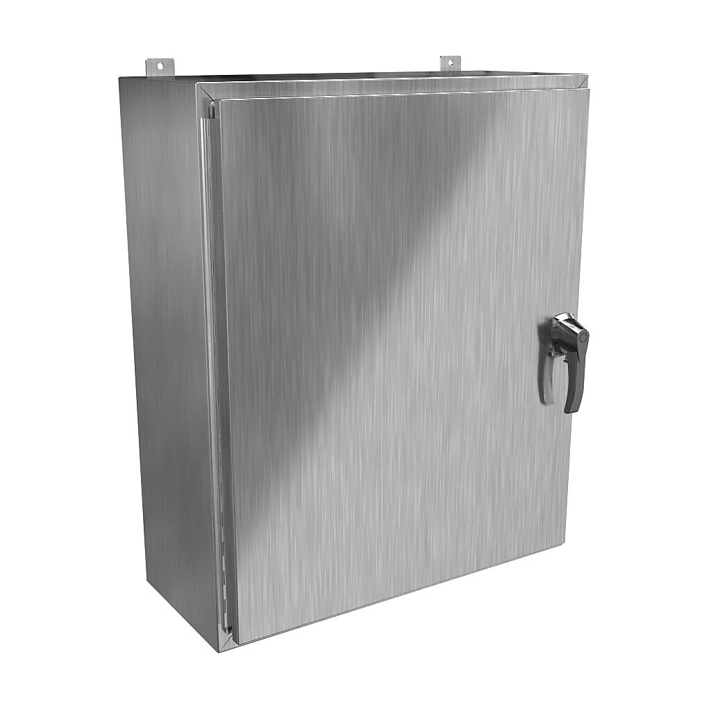 HW363012S16HK - Hammond enclosure, NEMA 3R/4/4X/12/13, 36 x 30 x 12in (HxWxD), wall mount, 316 stainless steel, #4 brush finish, single-door, 3-point 316 stainless steel padlocking handle, handle hasp.