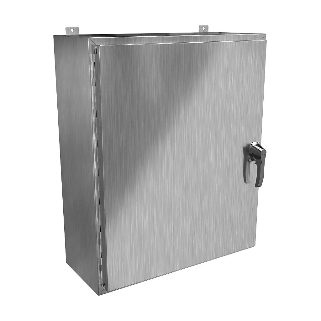HW363012SSHK - Hammond enclosure, NEMA 3R/4/4X/12/13, 36 x 30 x 12in (HxWxD), wall mount, 304 stainless steel, #4 brush finish, single-door, 3-point 316 stainless steel padlocking handle, handle hasp.