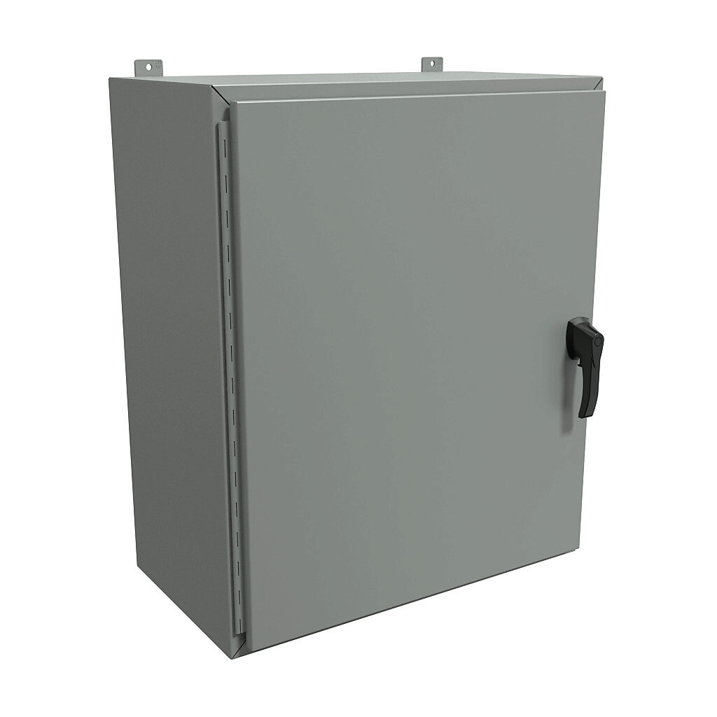 HW363016GYHK - Hammond enclosure, NEMA 3R/4/12, 36 x 30 x 16in (HxWxD), wall mount, carbon steel, ANSI 61 gray, powder coat finish, single-door, 3-point padlocking handle, handle hasp.