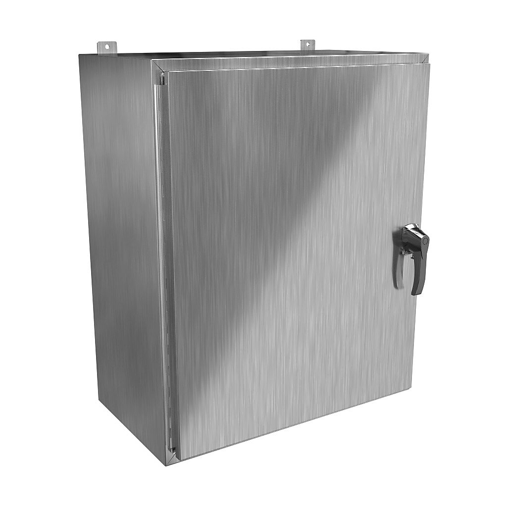 HW363016S16HK - Hammond enclosure, NEMA 3R/4/4X/12/13, 36 x 30 x 16in (HxWxD), wall mount, 316 stainless steel, #4 brush finish, single-door, 3-point 316 stainless steel padlocking handle, handle hasp.