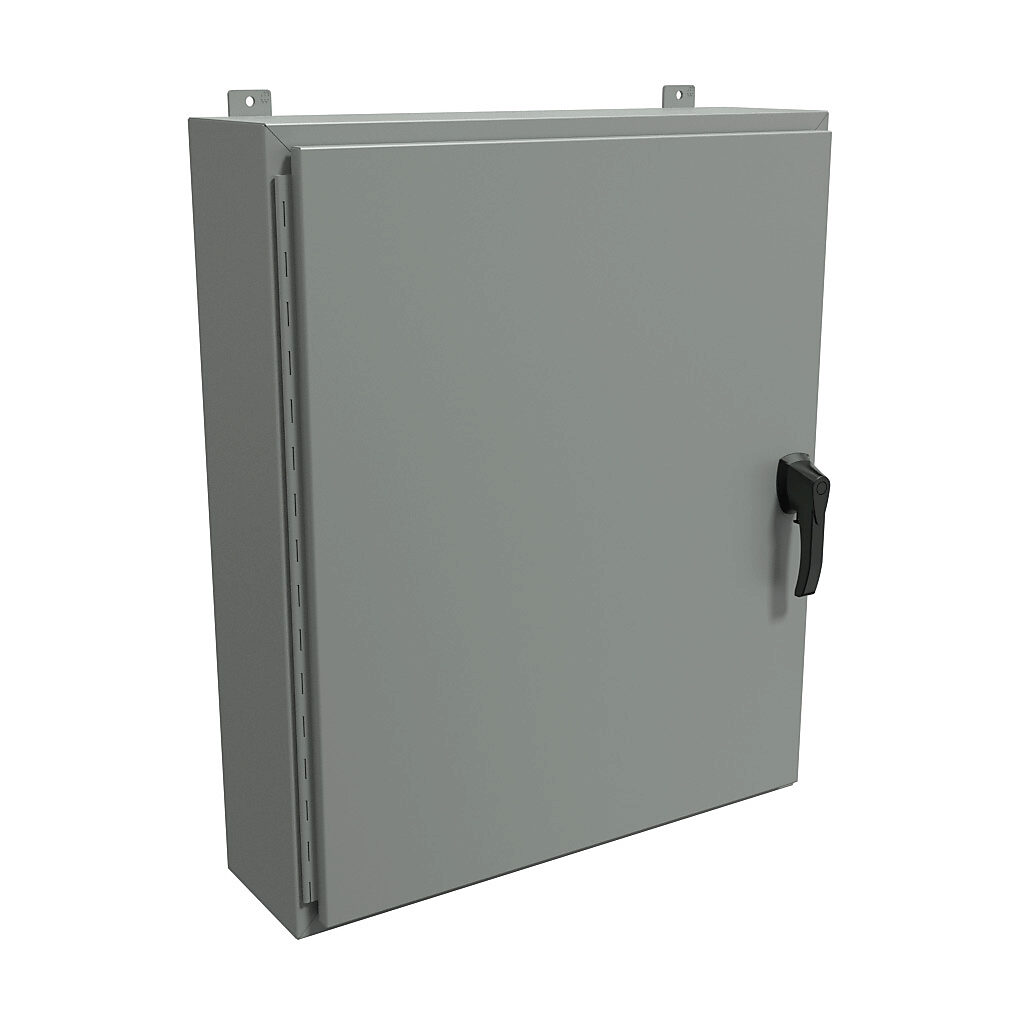 HW36308GYHK - Hammond enclosure, NEMA 3R/4/12, 36 x 30 x 8in (HxWxD), wall mount, carbon steel, ANSI 61 gray, powder coat finish, single-door, 3-point padlocking handle, handle hasp.