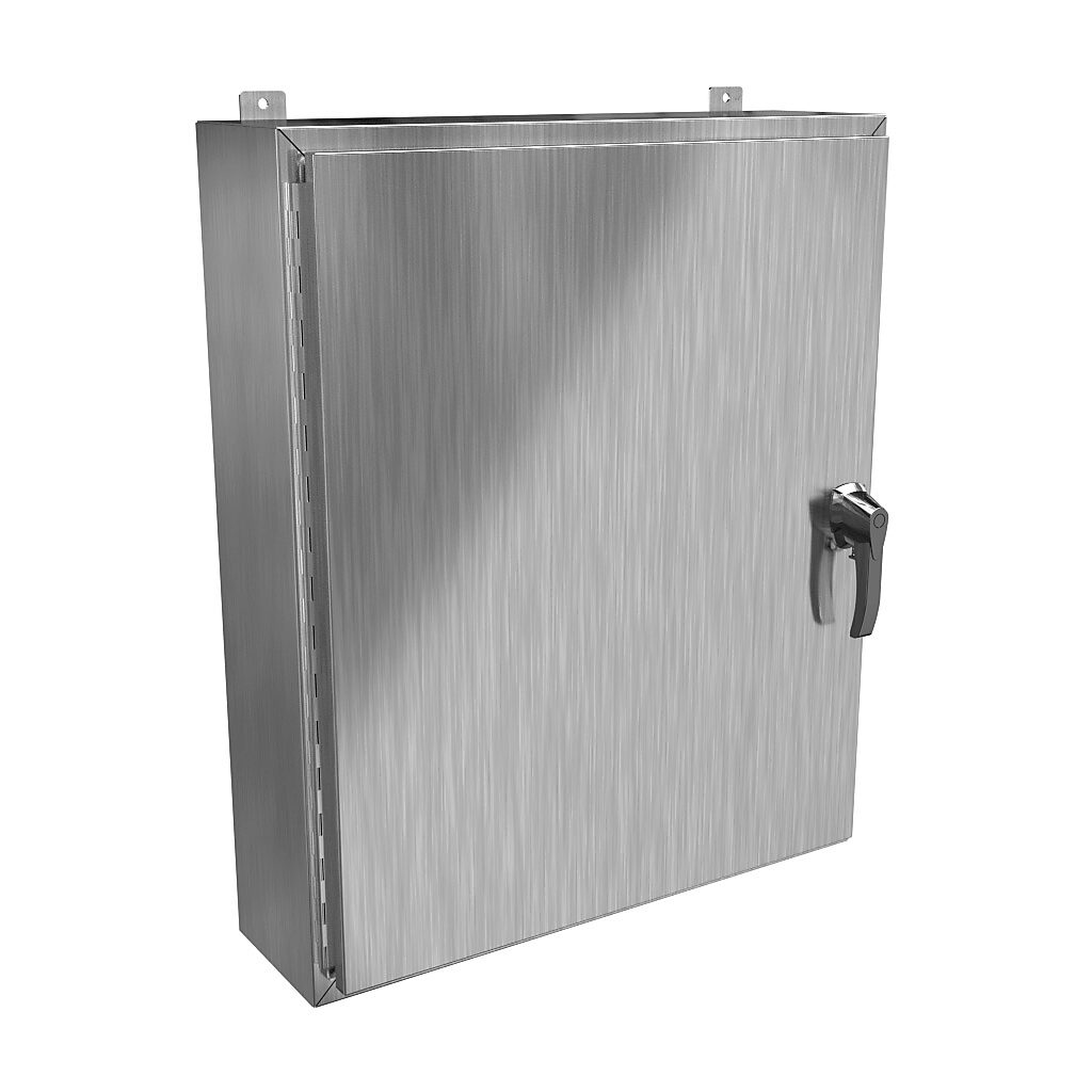 HW36308SSHK - Hammond enclosure, NEMA 3R/4/4X/12/13, 36 x 30 x 8in (HxWxD), wall mount, 304 stainless steel, #4 brush finish, single-door, 3-point 316 stainless steel padlocking handle, handle hasp.