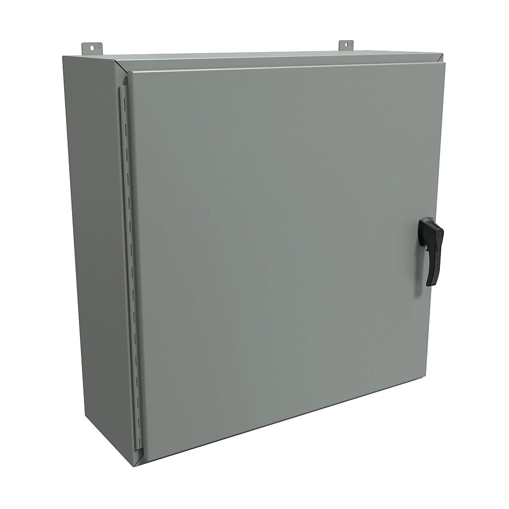 HW363612GYHK - Hammond enclosure, NEMA 3R/4/12, 36 x 36 x 12in (HxWxD), wall mount, carbon steel, ANSI 61 gray, powder coat finish, single-door, 3-point padlocking handle, handle hasp.