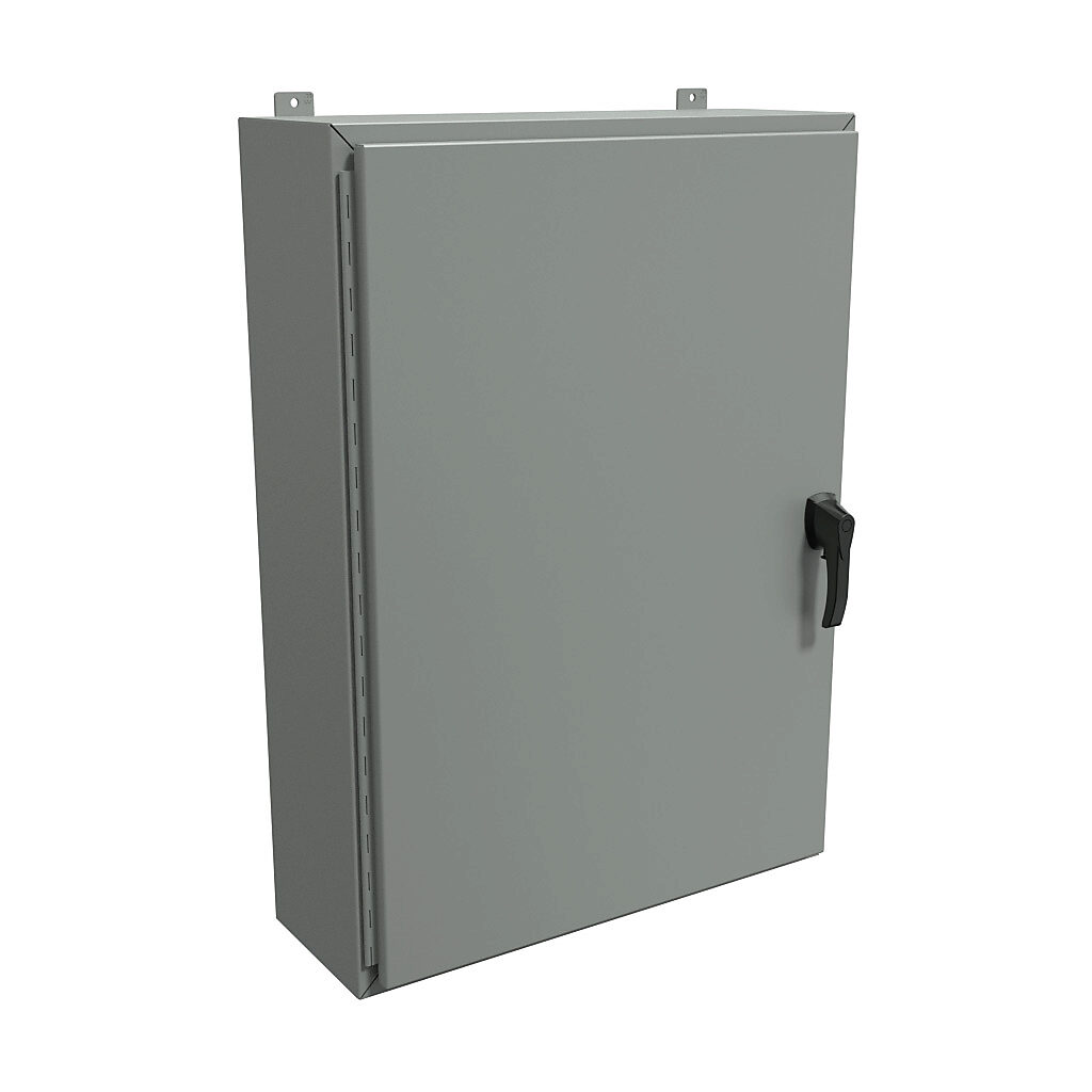 HW423010GYHK - Hammond enclosure, NEMA 3R/4/12, 42 x 30 x 10in (HxWxD), wall mount, carbon steel, ANSI 61 gray, powder coat finish, single-door, 3-point padlocking handle, handle hasp.